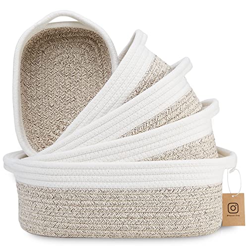 5-Piece Rectangle Storage Basket Set- Natural Cotton Rope Woven Baskets for Organizing! Small Basket for Montessori, Baby Nursery, Dog Toy Baskets, Cat Toy Box, Bathroom Organization Bin - color: Off White & Mixed Brown