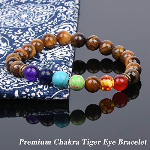 GelConnie Lava Rock Chakra Bracelet 7 Chakra 8mm Natural Stone Healing Bracelet Stress Relief Yoga Beads Anxiety Bracelet Aromatherapy Essential Oil Diffuser Bracelet Bangle - color: B-Tiger Eye Elastic