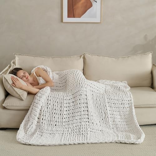 Chunky Knit Blanket Throw 50x60 Inches,Handmade Cable Knit Crochet Blanket,Cozy Lightweight All Season,Wrinkle-Resistant Polyester for Couch Bed Sofa Reading Nook, Beige - color: Beige