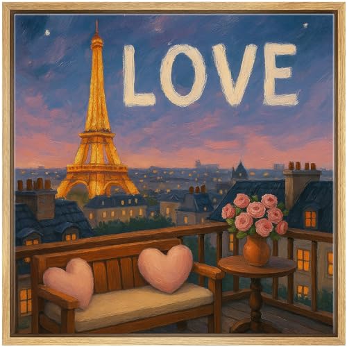 SIGNWIN Framed Canvas Print Wall Art Paris Balcony Love with Eiffel Tower Whimsical Illustrations Fine Art Farmhouse/Country for Living Room, Bedroom, Office - 16"x16" NATURAL - color: BS18-2507-SAR13, size: 16L" x 16W"