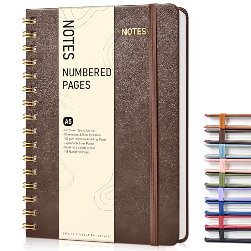 Lined Spiral Journal Notebook, A5 Hardcover Spiral Journals for Women Men, 150 Numbered Pages Spiral Bound Notebook, 100 GSM College Ruled Notebooks for Writing Note Taking 5.75" x 8.38", Dark Brown - color: DarkBrown, size: Line