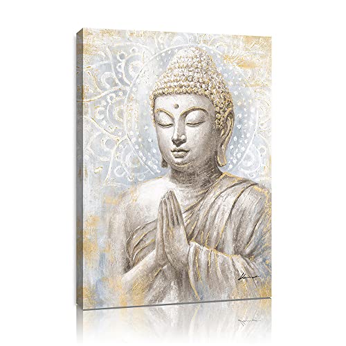 Gold Buddha Wall Art: Laughing Buddha Painting with Mandala Flower and Gold Leaf for Living Room, Bedroom, Yoga Room, Buddhist Meditation Room - 24"x32" - color: Smiling Golden Buddha, size: 24"x32"x1