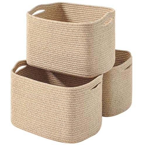 ICERZCZ Decorative Storage Baskets for Organizing Shelves, Toy Basket for Nursery, Woven Cotton Rope Baskets for Decor, Towel Basket for Bathroom, 15"x11"x9.5", 3 Packs, Brown - color: Brown, size: 15"(l)×11"(w)×9.5"(h)