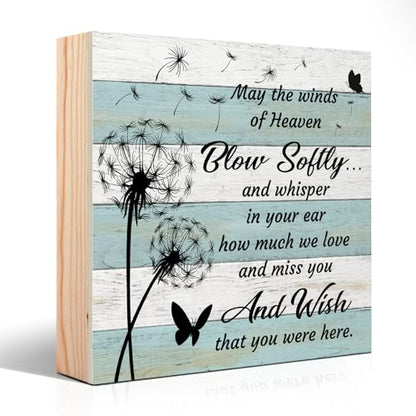 Heavenly Love and Miss You Wooden Sign Desk Decor, Dandelion Thoughts Wooden Box Block Sign for Home Farmhouse Bedroom, Cemetery Decor for Grave, Compassion Gifts for Family Couple Friend BFF - style: Mediterranean
