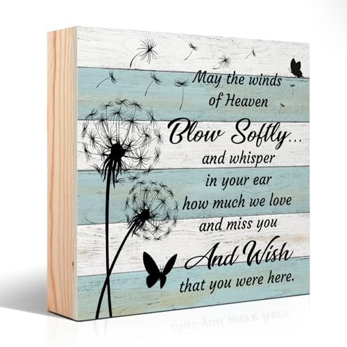 Heavenly Love and Miss You Wooden Sign Desk Decor, Dandelion Thoughts Wooden Box Block Sign for Home Farmhouse Bedroom, Cemetery Decor for Grave, Compassion Gifts for Family Couple Friend BFF - style: Mediterranean