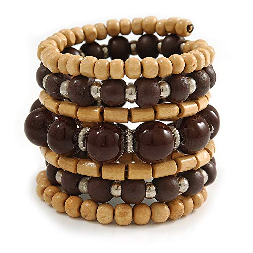 Avalaya Wide Coiled Ceramic, Acrylic, Wood Bead Bracelet (Brown, Natural) - Adjustable