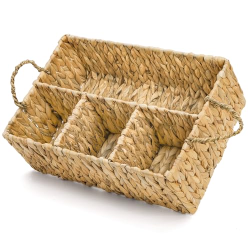 Water Hyacinth Storage Basket, 4 Section Natural Wicker Storage Bin, Woven Storage Organizer with Handle, Large Divided Basket for Shelves Countertop Bathroom Pantry, 16" L x 10.5" W x 5.5" H