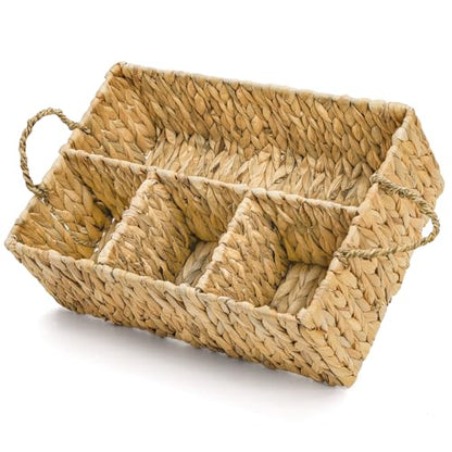 Water Hyacinth Storage Basket, 4 Section Natural Wicker Storage Bin, Woven Storage Organizer with Handle, Large Divided Basket for Shelves Countertop Bathroom Pantry, 16" L x 10.5" W x 5.5" H