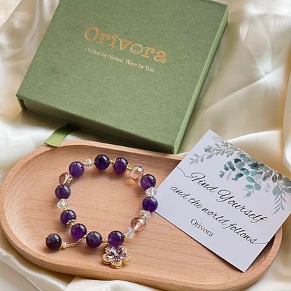 Birth Flower Crystal Bracelets for Women, Handmade Natural Gemstone Stretch Jewelry with Healing & Positive Energy - color: Feb. Violet & Amethyst（2）