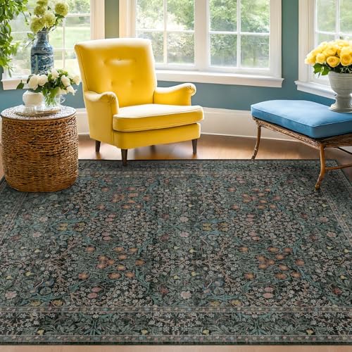 Washable Vintage 5x8 Living Room Rug, Dark Green Floral Area Rug for Bedroom Under Bed, Dining Room Under Small Dining Table, Office - Oriental Low Pile Non Slip & Stain Resistance (5x8 Dark Green) - color: Dark Green / Black, size: 5' x 8' (Rectangular)