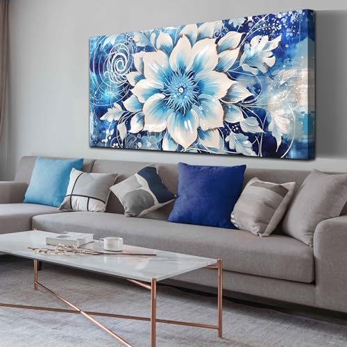 Xxliren Flower Wall Art for Living Room Large Size Office Blue Floral Wall Art Prints Ready To Hang Size 60 x 30 Inch - color: Blue1, size: 30''X60''