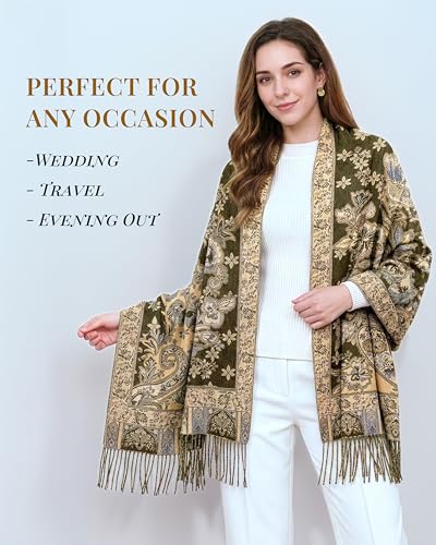 Achillea Elegant Paisley Floral Pashmina Shawl and Wrap – Boho Rave Scarf for Festival, Travel & Everyday Wear - color: Olive Green