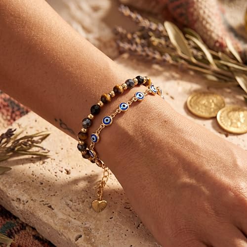 Farfume Crystal Bracelet Beaded Bracelets 4mm Natural Stone Beads Gemstone Handmade Jewelry Gift for Women - color: Evil Eye-Protection & Good Luck