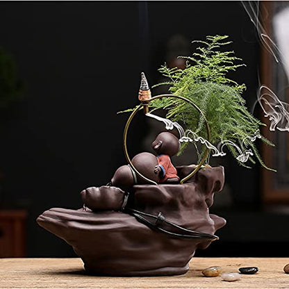 Zen Chinese Style Flowing Water Ornaments Tabletop Fountain Purple Clay Little Monk Waterfall Incense Holders Home Decor Gift Decorations