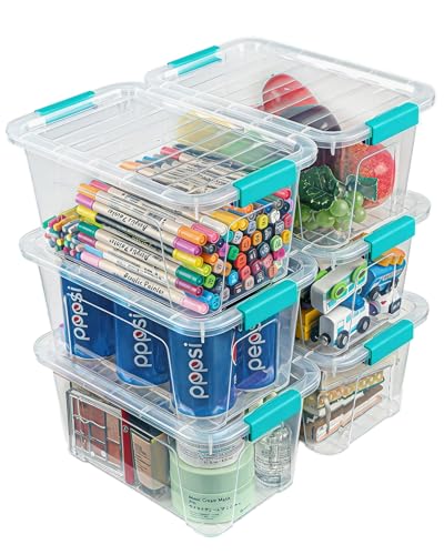 Storage Bins with Lids 6 Pack Clear Storage Containers, 7 Quart Stackable Plastic Containers with Secure Black Buckle Latch, Durable Storage Box Organizer for Pantry, Closet, Office & Classroom - color: Clear+Green