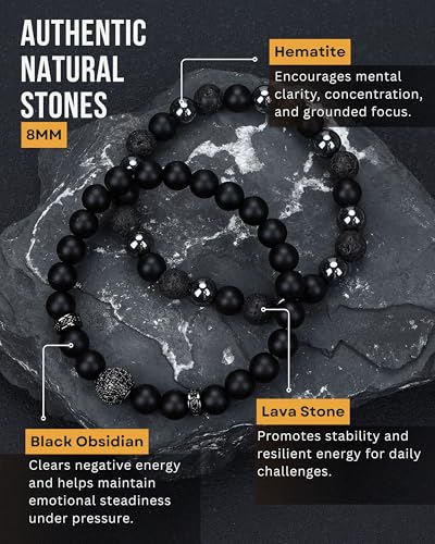 Men's Triple Protection Bracelet Set – Black Obsidian, Hematite & Lava Stone Beaded Bracelets with Cross for Strength & Grounding