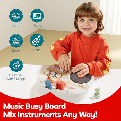 TOP BRIGHT DJ Music Busy Board - Wooden Toddler Toys for Boys and Girls，Montessori Sensory Toy with 14 Activities with Sound Blocks, Portable Travel Toy for 18M+
