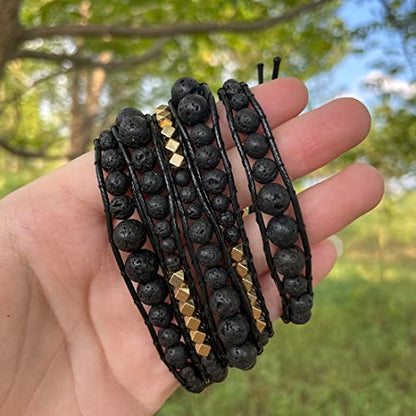 YGLINE Natural Stone Wrap Bracelet for Women Boho Bracelets Healing Crystal Beaded Bracelet Adjustable 3/5 Wraps Bracelet Handmade Birthday Gifts for Women - color: lava stone-3w