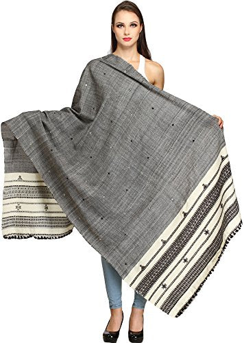 Exotic India Shawl from Kutch with Embroidered Mirrors - Pure Wool - color: Charcoal Gray