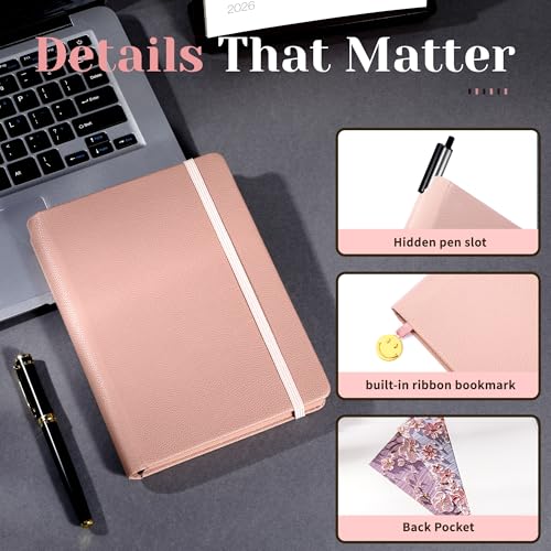 CAGIE Textured Hardcover Lined Journal for Women and Men, A5 Leather Journal Notebook with 256 Pages, 100GSM Paper – College Ruled Journaling Notebook for Writing, Work, School, Daily Diary - color: Q-Pink