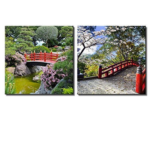 wall26 Two Piece Canvas - Red Bridge Over a Lake Surrounded by Beautiful Trees on 2 Panels - Canvas Art Home Art - 12x12 inches - color: Red Bridge Over a Lake, size: 12" x 12" x 2 panels
