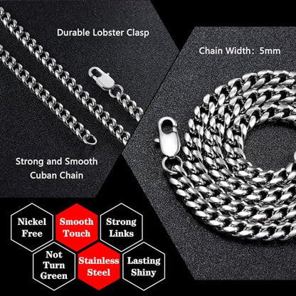 Chain for Men Stainless Steel Cuban Link Chain Necklace Silver Toned Mens Necklaces 18, 20, 22, 24, 26 Inch - size: 24 Inches, style: 5mm width-stainless steel