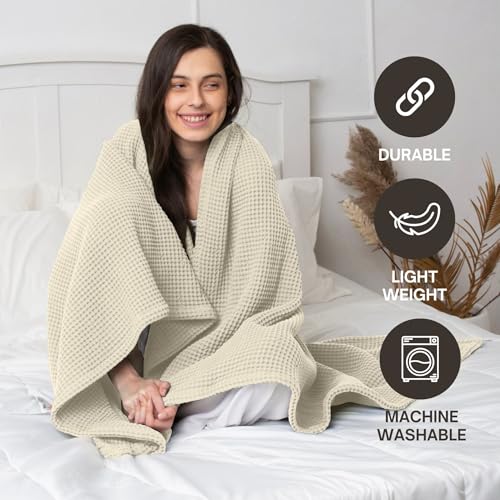 Throw Blanket for Couch, 100% Cotton Soft Lightweight Breathable Summer Blanket Throws, Waffle Weave Throw Size Bed Blanket: Beige (50"x60") - color: Beige, size: Throw (50" x 60")