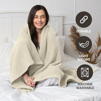 Throw Blanket for Couch, 100% Cotton Soft Lightweight Breathable Summer Blanket Throws, Waffle Weave Throw Size Bed Blanket: Beige (50"x60") - color: Beige, size: Throw (50" x 60")
