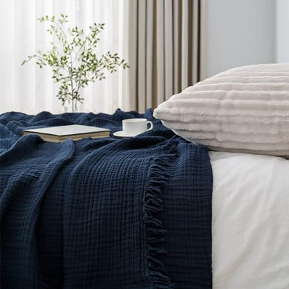 Esterra Muslin Throw Blanket 50x65 Inches Cozy Soft Lightweight Pre-Washed Cotton Blanket, All Season Breathable 4-Layer Gauze Blanket Throw for Sofa Couch Bed, Navy Blue - color: 13 - Navy Blue, size: Throw (50"x65")