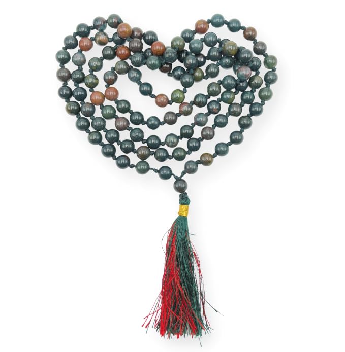 GEMSCITE Japa Mala 108 Prayer Beads Perfect for Meditation Spiritual Mala Necklace & Wrist Mala Bracelet - color: Bloodstone, size: Hand Knotted