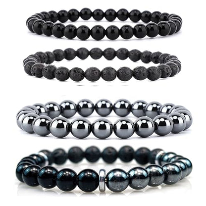 4pcs Natural Crystal Beaded Bracelet for Women,8mm Semi-Precious Healing Gemstone Bracelets 6mm Round Beads Stretch Anxiety Stress Relief Bracelet Spiritual Jewelry Gifts