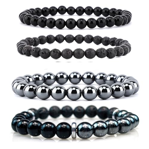 4pcs Natural Crystal Beaded Bracelet for Women,8mm Semi-Precious Healing Gemstone Bracelets 6mm Round Beads Stretch Anxiety Stress Relief Bracelet Spiritual Jewelry Gifts