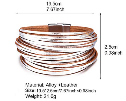 Fesciory Leather Wrap Bracelets for Women, Boho Leopard Multi-Layer Crystal Beads Cuff Bracelet Jewelry - color: B13:Short Silver