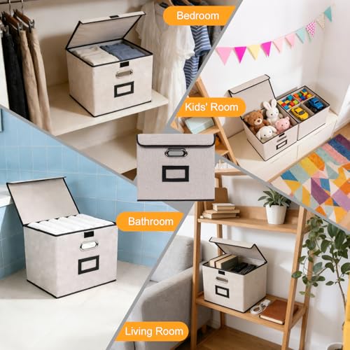 Large Square Storage Bin with Lid, Foldable Organizer Box with Handles & Label Design, for Office, Closet, Home, Documents, Grey, 12.20 x 10.63 x 10.63 Inches, 1 Pack - color: Grey, style: Square - 1 Pack