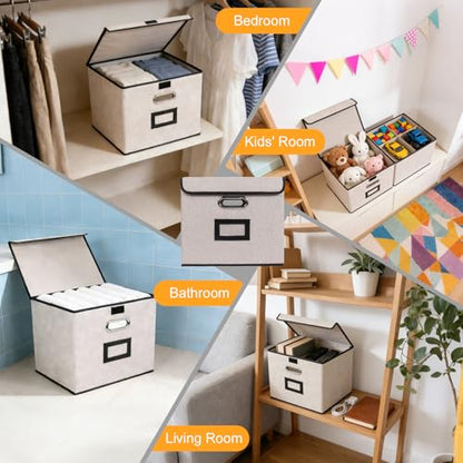 Large Square Storage Bin with Lid, Foldable Organizer Box with Handles & Label Design, for Office, Closet, Home, Documents, Grey, 12.20 x 10.63 x 10.63 Inches, 2 Pack - color: Grey, style: Square - 2 Pack