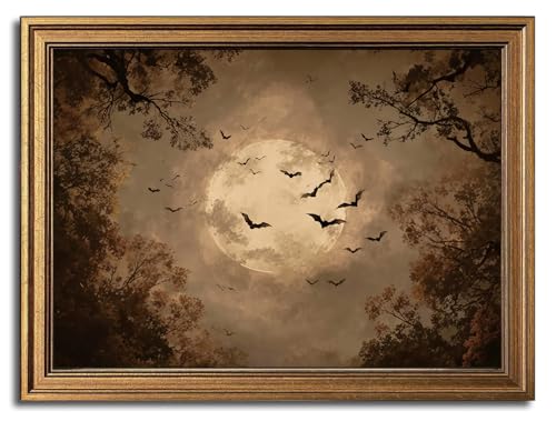 Gold Framed Wall Art Dark Academia Canvas Art Prints Gothic Wall Decor Moody Pictures Halloween Painting Vintage Moon Bat Artwork for Living Room Bedroom Bathroom 12x16in - color: Dark Academia Decor, size: 12x16in Gold Framed