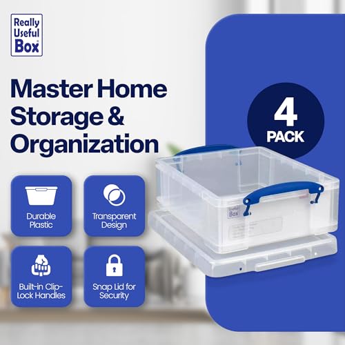 Really Useful Box 4 Pack Storage Bins, Clear Plastic Stackable Organizing Totes, 8.1 Liter - size: 4 Pack
