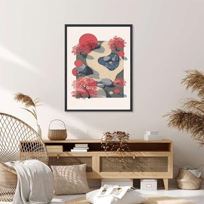 Framed Japanese Zen Garden Poster Canvas Print Art Modern Minimalist Aesthetic Wall Art Painting Pictures Wall Decor, Elegant Home Decoration for Living Room Bedroom Office (black frame,12" LX16 W)