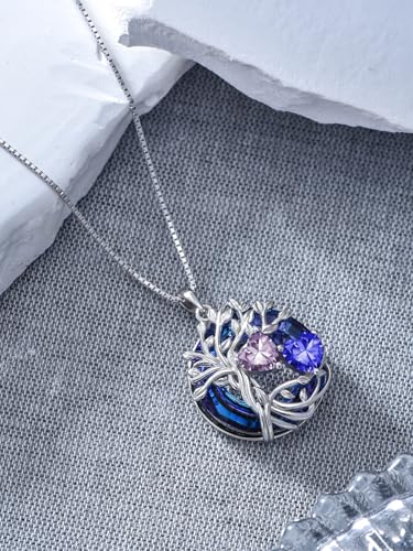 TOUPOP s925 Sterling Silver Family Celtic Tree of Life Pendant Necklaces with 2 Heart Birthstone with Blue Austrian Crystal Jewelry Birthday Valentines Day Gifts for Her, Anniversary Christmas Gifts for Wife Girlfriend Mom (18K Real White Gold Filled) - c