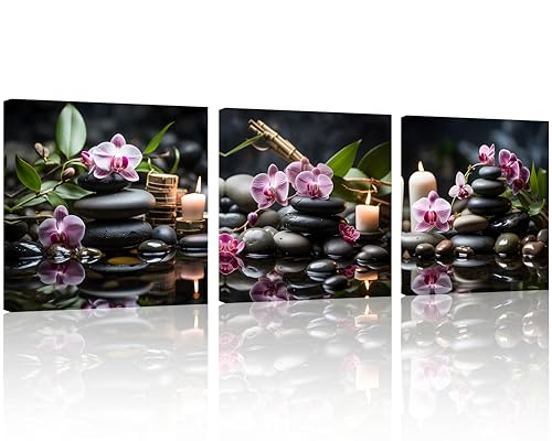 TutuBeer 3-Panel Wall Art, Spa Stone with Bamboo, Waterproof Canvas Prints on Stretched Frame, Home Office, Bathroom Decor, 12x12inch Each Panel - color: Spa Stone with Pink Flower, size: 12x12inchx3