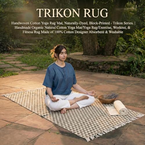 VINYASA Handwoven Cotton Yoga Rug Mat – Naturally Dyed | Absorbent, Washable Yoga Mat/Fitness Rug, Hatha, Pilates & Meditation - Non-Slip Grip | Extra Long & Wide | Trikon Series - color: Pomegranate