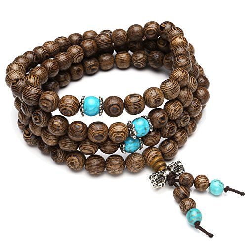 Unisex 108 Natural Wood 6mm 8mm Beads Bracelet Buddhist Rosary Mala Necklace(8mm Sandalwood Duobao)