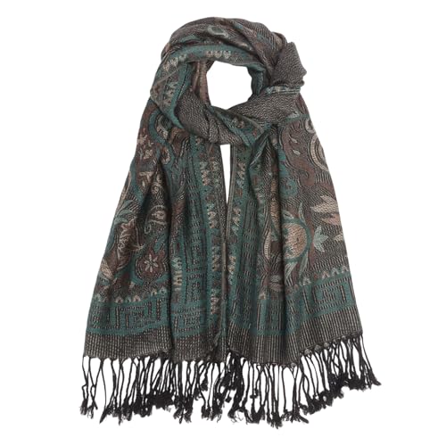 Paisley Pashmina Rave Shawl Scarf-Women's Reversible Ethnic Jacquard Pashmina Wraps for Travel - color: B#. Black Cyan