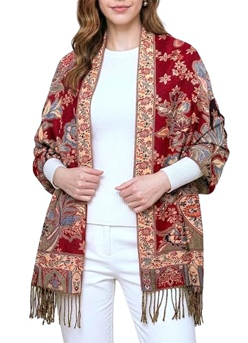 Achillea Elegant Paisley Floral Pashmina Shawl and Wrap – Boho Rave Scarf for Festival, Travel & Everyday Wear - color: Red Black