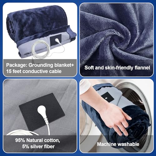 Grounding Blanket 79×55 inch Grounding Mat for Bed Grounding Sheet with Conductive Silver Fiber for Better Sleep, Pain Relief, Helps Anxiety Relief (Blue)