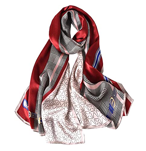 100% Mulberry Silk Long Scarf for Women Large Shawls for Headscarf and Neck- Oblong Hair Wraps with Gift Packed - color: Chains-red