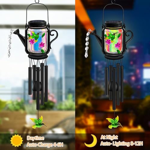 Solar Hummingbird Wind Chimes for Outside - Gifts for Mom Women Grandma,Solar Mason Jar Watering Can Hummingbird Light Unique Hanging Wind Chimes Outdoor,Yard Garden Terrace Courtyard - size: 1 pack-Hummingbird jar wind chime