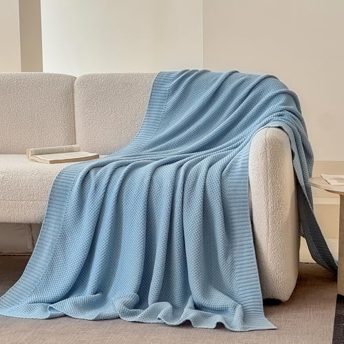 Simple&Opulence 100% Cotton Throw Blanket, Solid Color Cable Knitted Blanket Super Soft Comfortable Breathable Decorative Farmhouse for Couch Sofa Bed, All Season Use(Winter Blue,50x60) - color: Winter Blue, size: Throw 50x60"