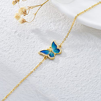 Real 14k Gold Blue Butterfly Bracelet for Women, Solid 14 Karat Gold Animal Lover Wrist Jewelry Gifts for Her, 6.8-8.4