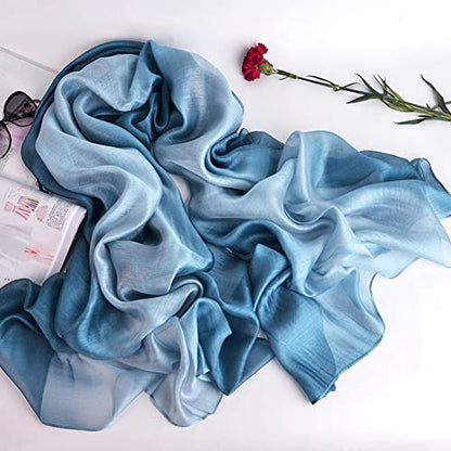 Cotton Silk Scarf Elegant Soft Wraps Color Shade Scarves for Women - color: Gradient - Light Blue
